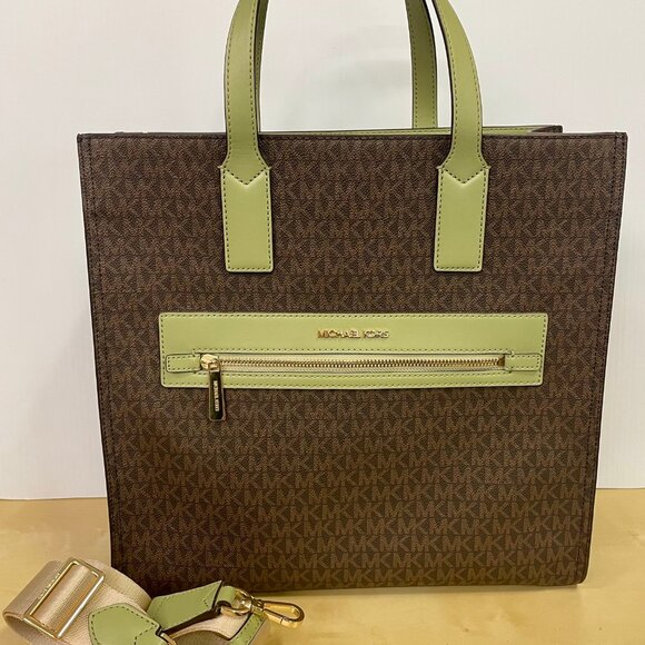 Michael Kors Large Tote Shoulder Bag Handbag Brown Green + Shoulder Strap - Picture 1 of 7